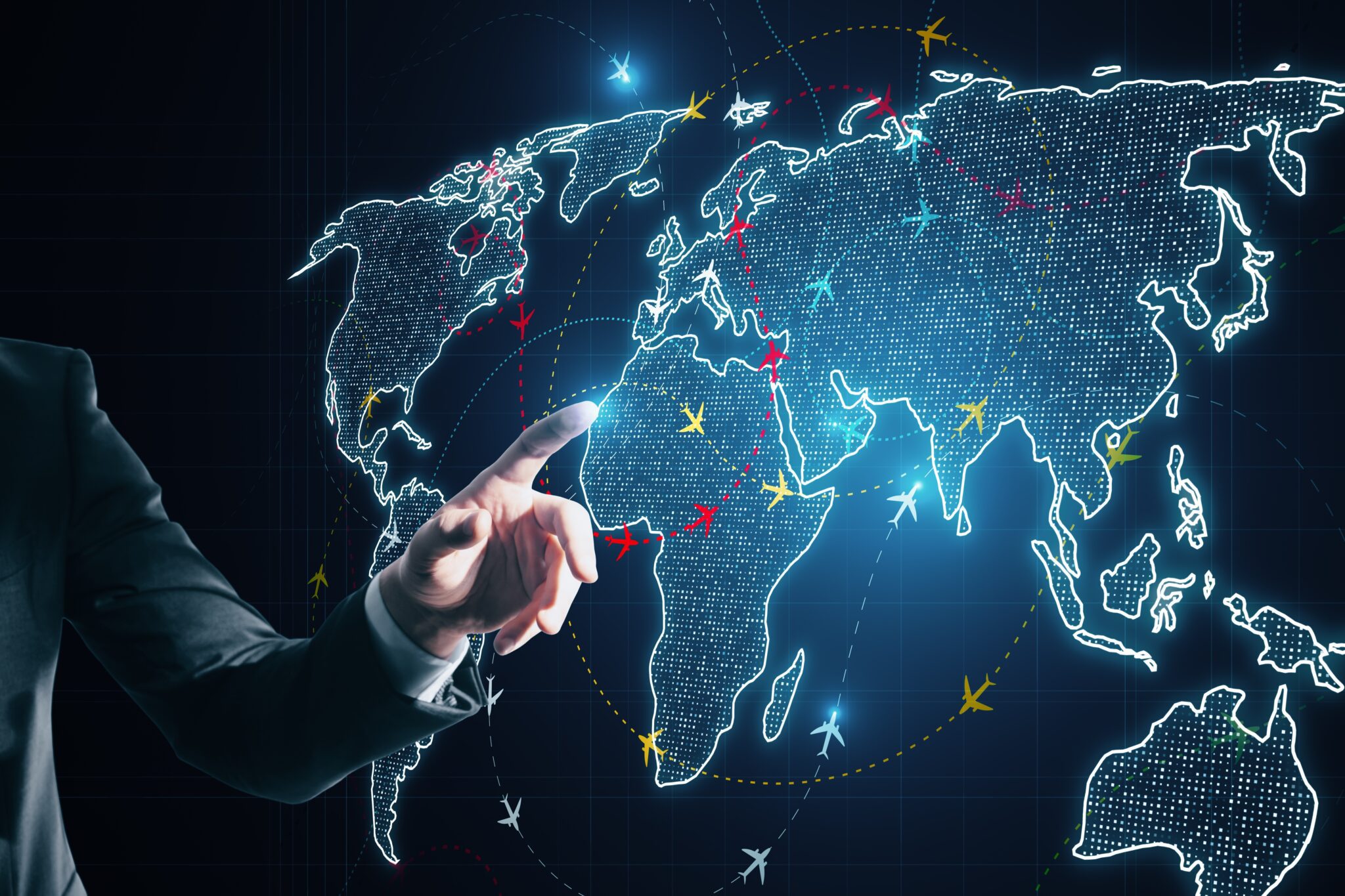 Close,Up,Of,Businessman,Hand,Using,Glowing,Digital,Map,With Technology Empowering Your Supply Chain